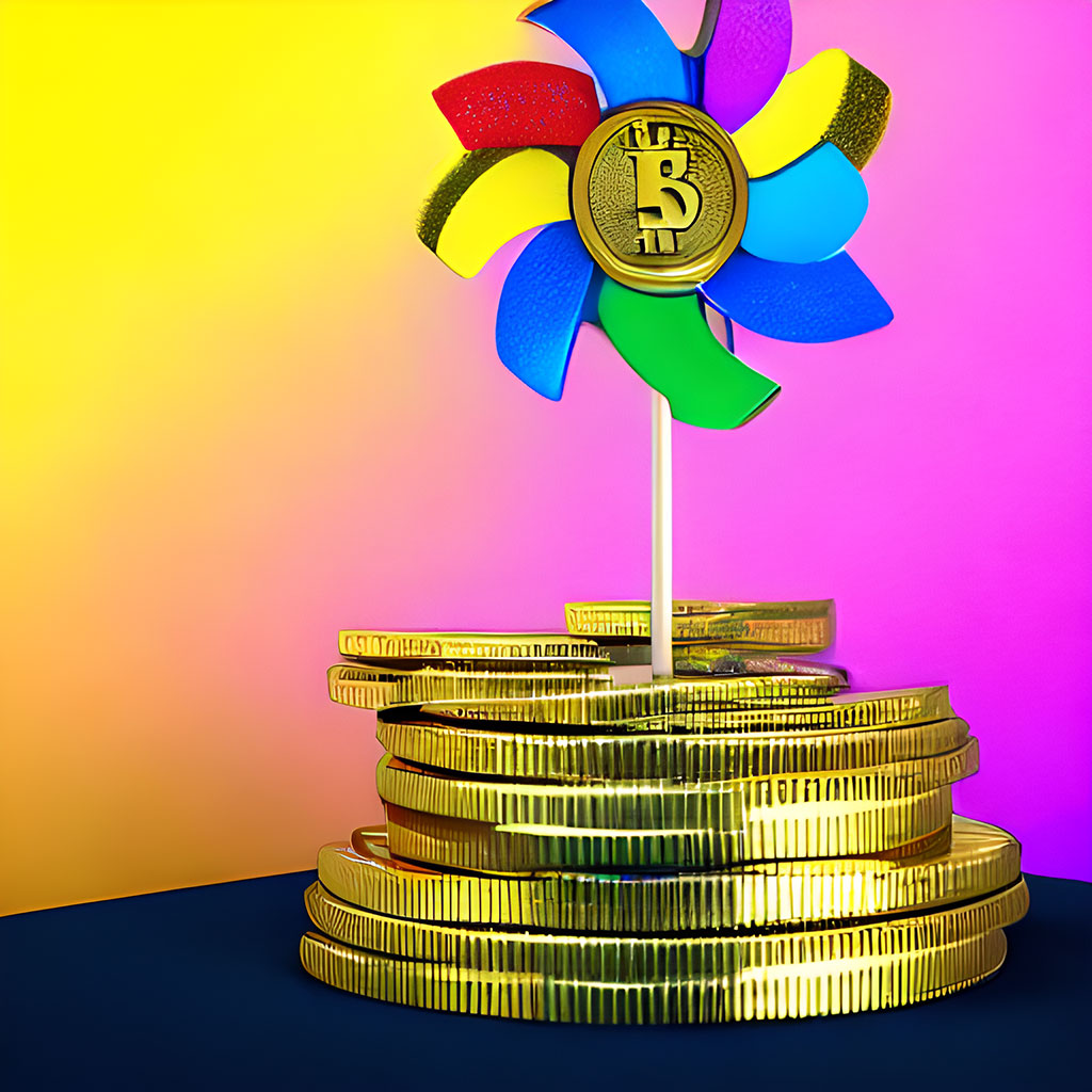 Stable Diffusion img2img prompt: a colorful pinwheel spinning in a pile of gold bitcoins, 3d render trending on artstation, octane beautifully detailed render, post-processing, extremely hyperdetailed